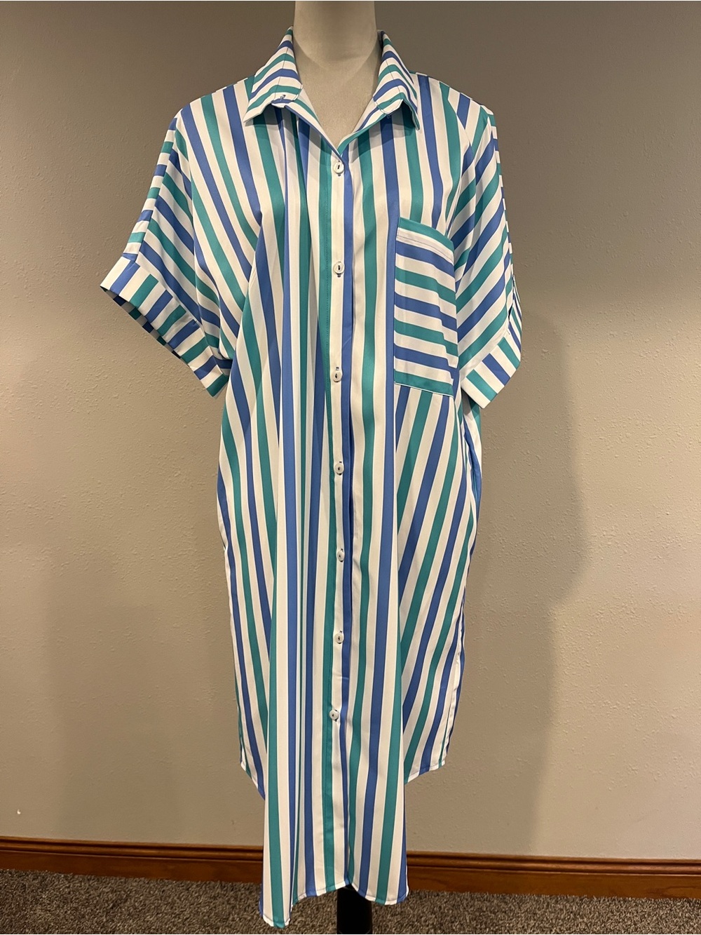 Wenrine Striped Blue & Teal Button-Front Shirt dress